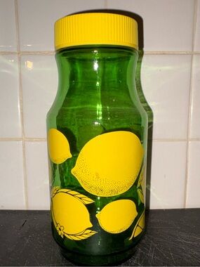 Anchor Hocking Green Glass Drink Pitcher with Bright Yellow Lemon Graphics